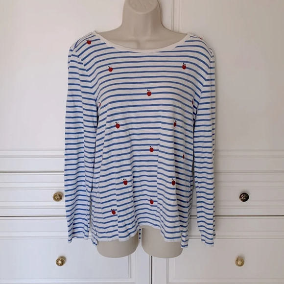 Talbots size large long sleeve blue white stripe embroidered apples boat neck - Picture 1 of 4